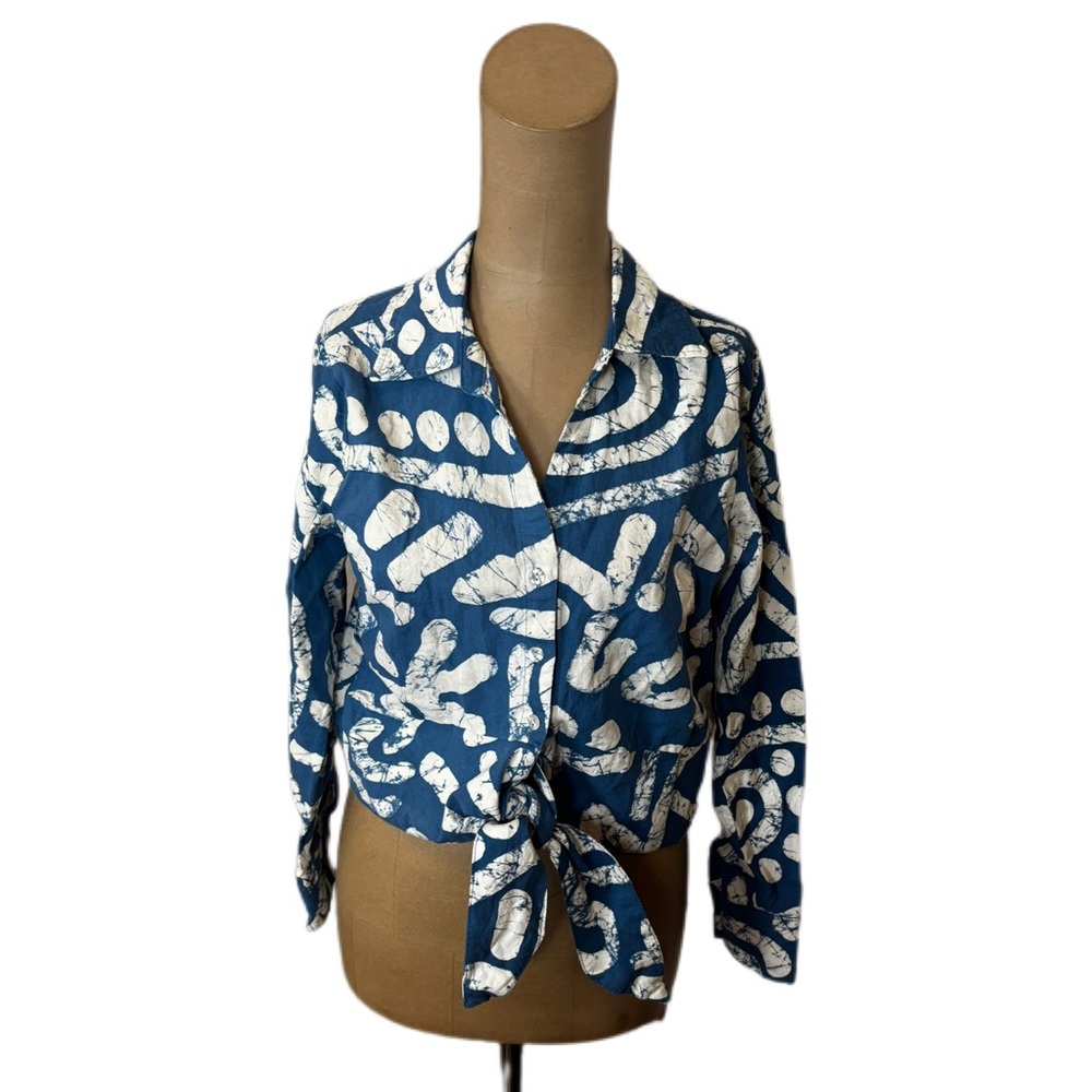 Haute Hippie Blue & White Linen Blend Top Size medium